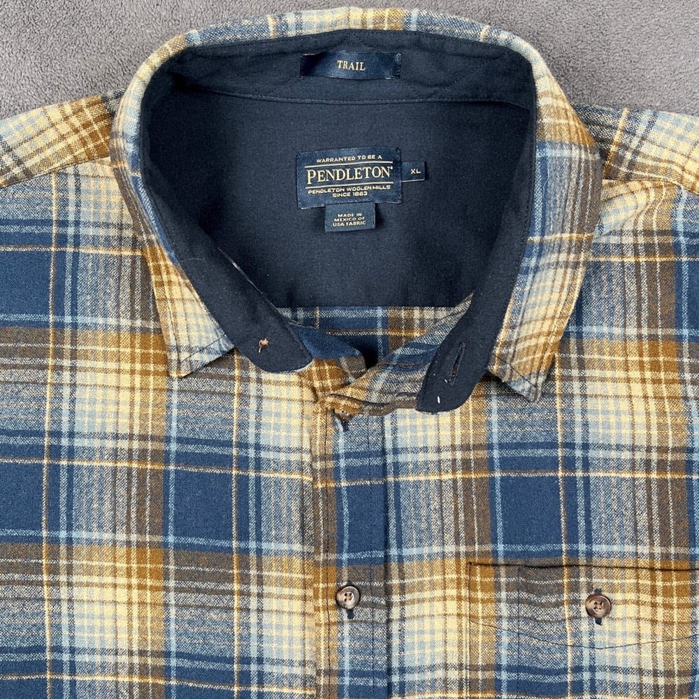 Pendleton Trail Shirt Mens XL Blue Brown Plaid Wool Suede Elbow Patch Button Up